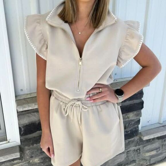 Umgee | NWT Sweatshirt Romper in Ecru/light beige | Large - Picture 1 of 5